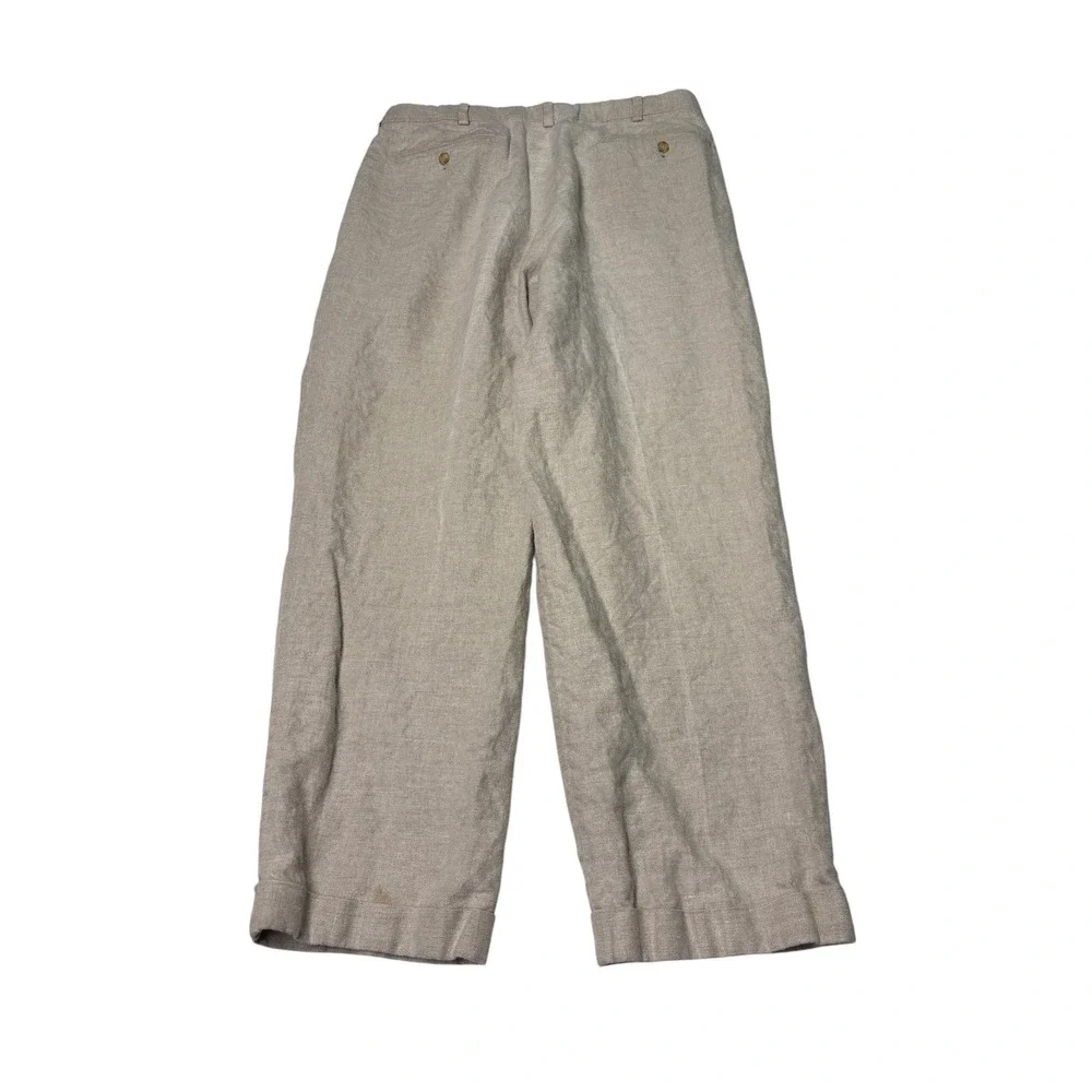 Eddie Bauer Mens 35x32 100% Belgian Linen Pleated Cuffed Pants Oatmeal Beige